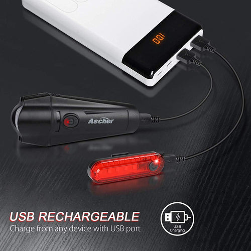 Ascher USB Rechargeable Bike Light Set